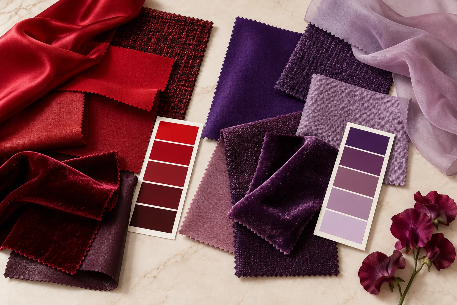 Collection of red, burgundy, plum, and lavender fabric swatches and color chips showing personal color variations