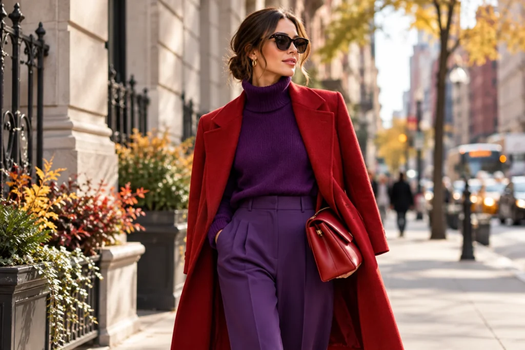 Woman wearing bold red coat and purple outfit on a Manhattan street in Fall 2026