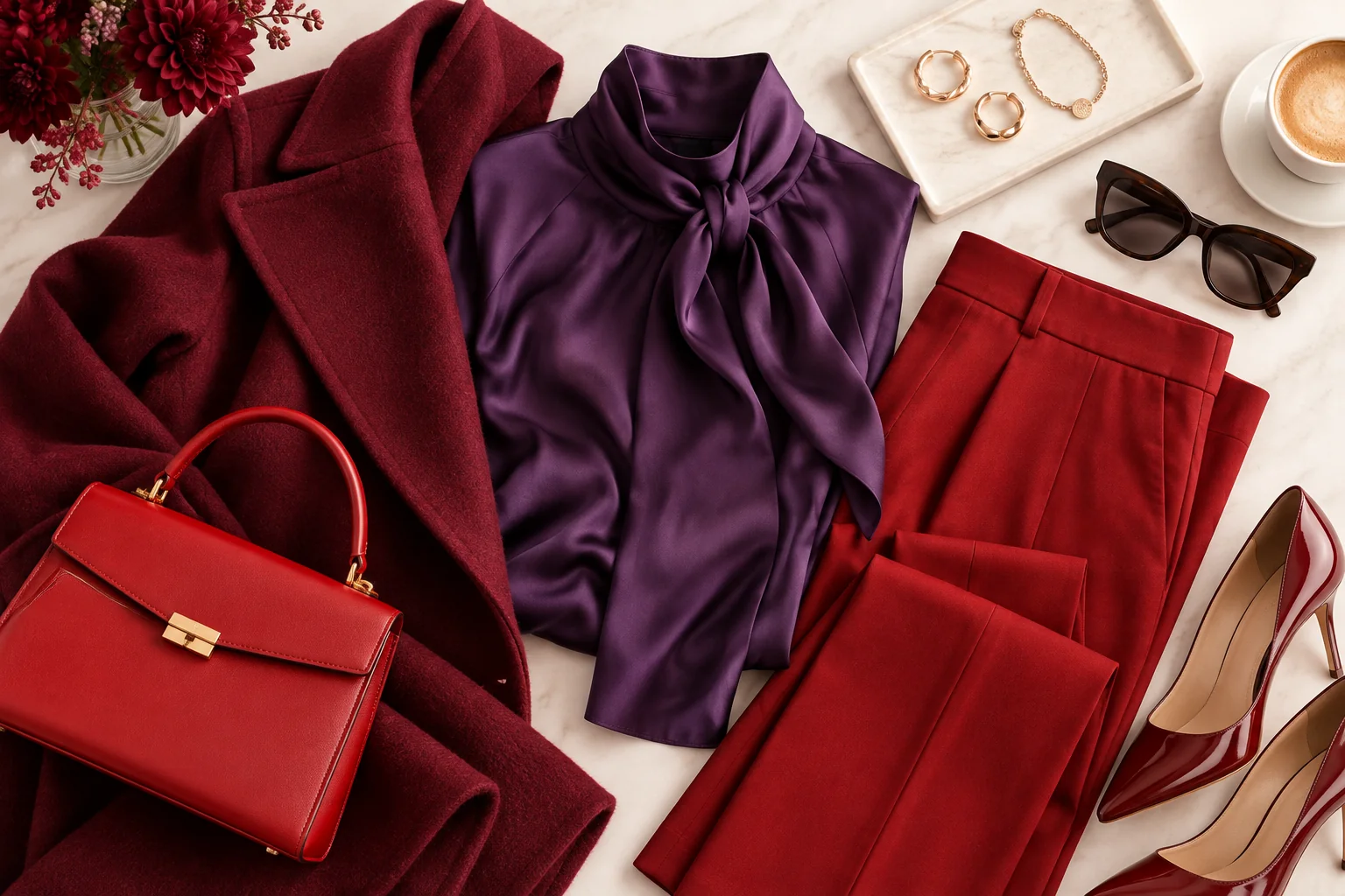 Flat-lay fashion styling with burgundy coat, purple silk blouse, tailored red trousers, and red leather handbag