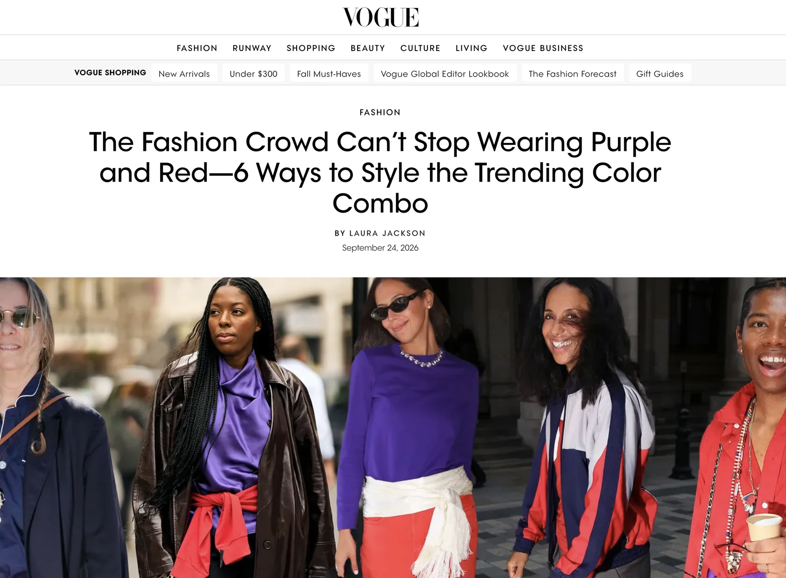 Vogue article screenshot highlighting Fall 2026 purple and red color combination trend